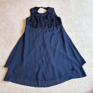 Faviana NY Dress Formal Midi Black Navy Lace Sequin Chiffon Evening Cocktail 14W